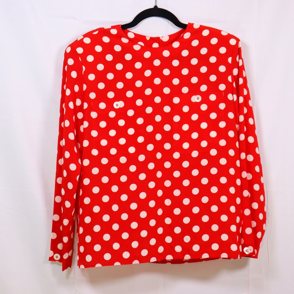 Liz Claiborne Blouse 10 Red Womens Polka Dot Button Back Top Vintage - Picture 1 of 5
